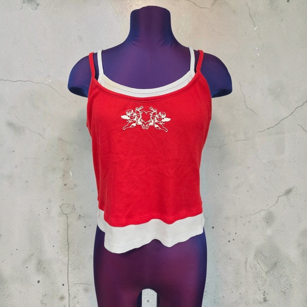 No Boundaries Red Layered Cherub Heart Ribbed Tank Top XL 16-18 Y2K Coquette